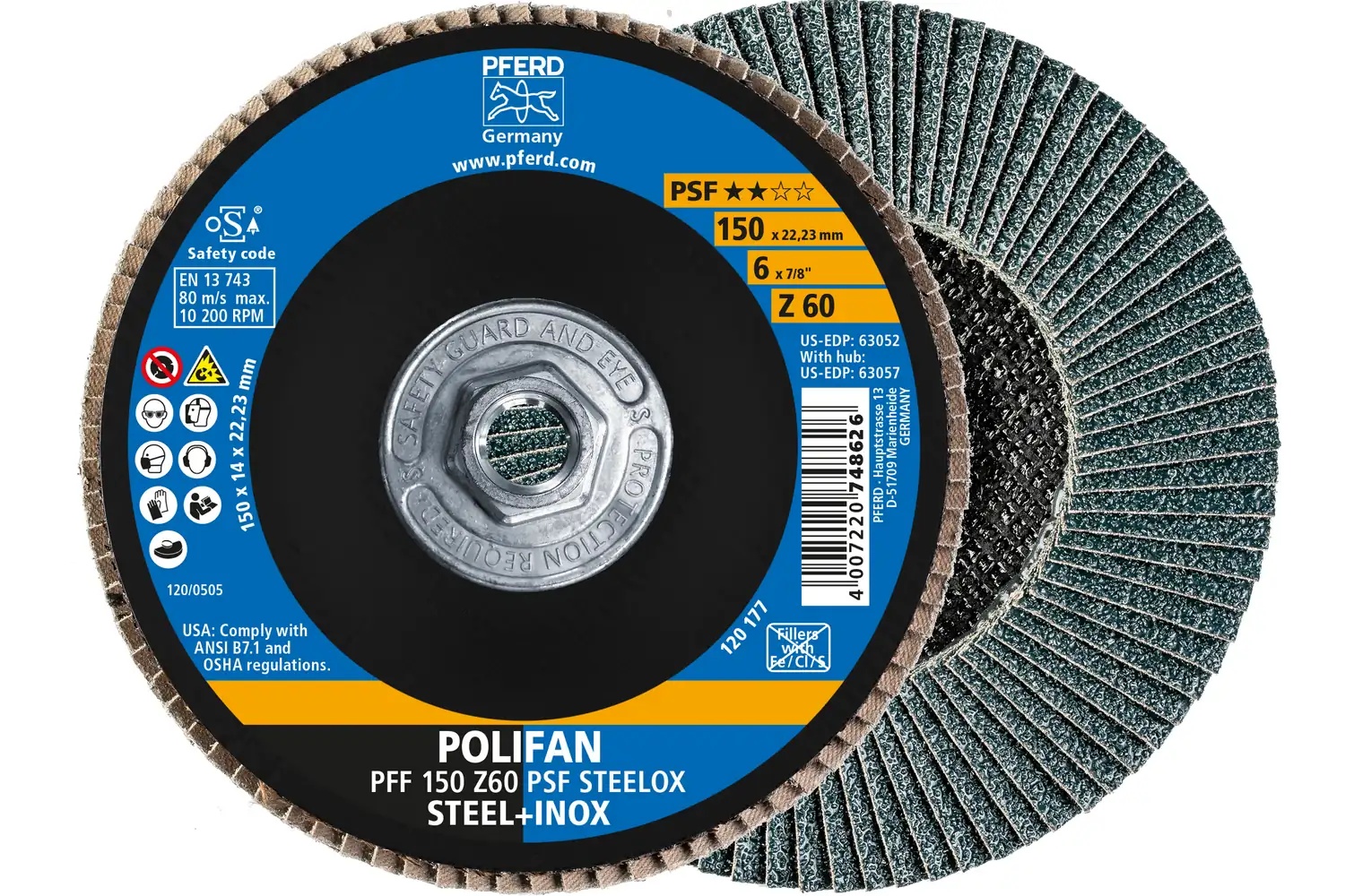Picture of Pferd Flap Disc, 6" x 5/8-11, Z PSF Steelox, 60 Grit, T27, Flat, Zirconia